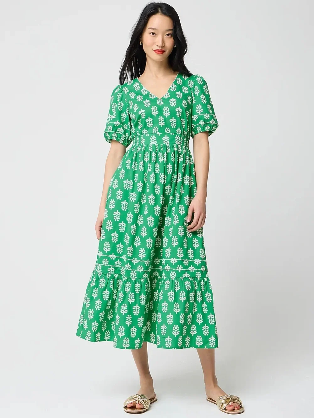 J. Crew Factory Block-Print Puff-Sleeve Midi Dress Emerald Beryl 10